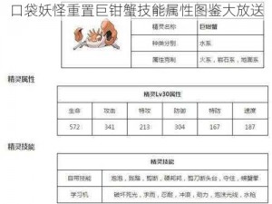 口袋妖怪重置巨钳蟹技能属性图鉴大放送