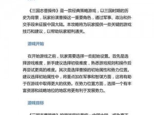 恶梦级《三国志曹操传》打法攻略详解：全面解析如何突破极限