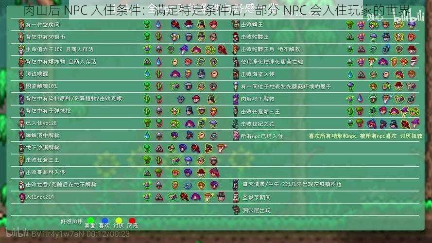 肉山后 NPC 入住条件：满足特定条件后，部分 NPC 会入住玩家的世界