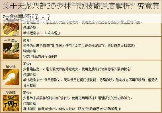 关于天龙八部3D少林门派技能深度解析：究竟其技能是否强大？