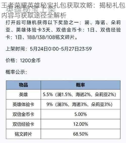 王者荣耀英雄秘宝礼包获取攻略：揭秘礼包内容与获取途径全解析