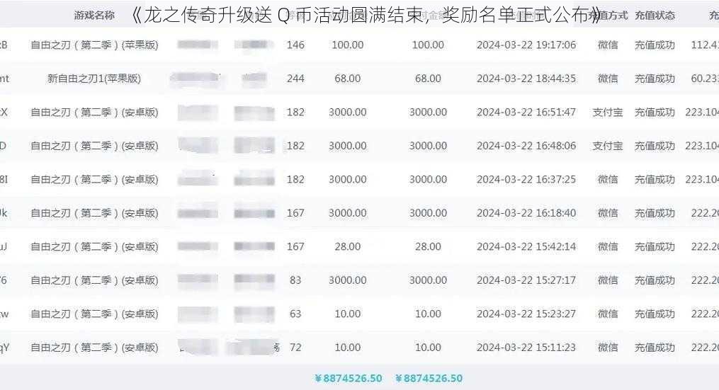 《龙之传奇升级送 Q 币活动圆满结束，奖励名单正式公布》